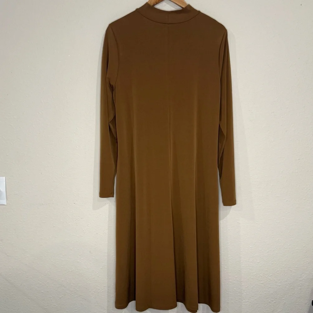 Susan Graver Liquid Knit Dress A-Line Long Sleeves Mock Neck Gold Women’s Size L - Picture 3 of 9